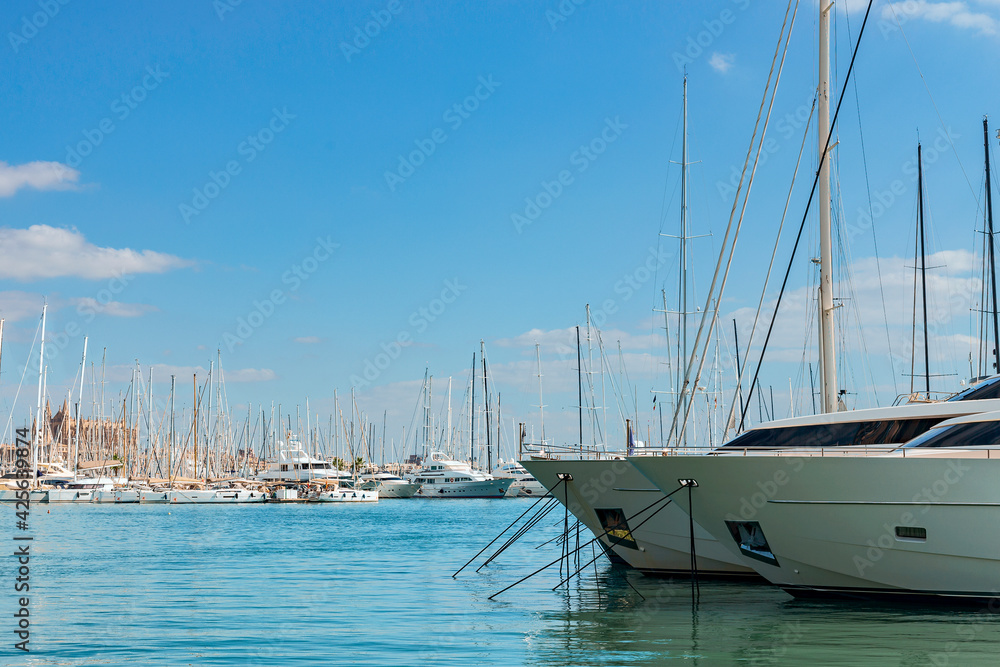 Fototapeta premium Luxury yachts docked in the seaport of the Italian city of Palma de Mallorca