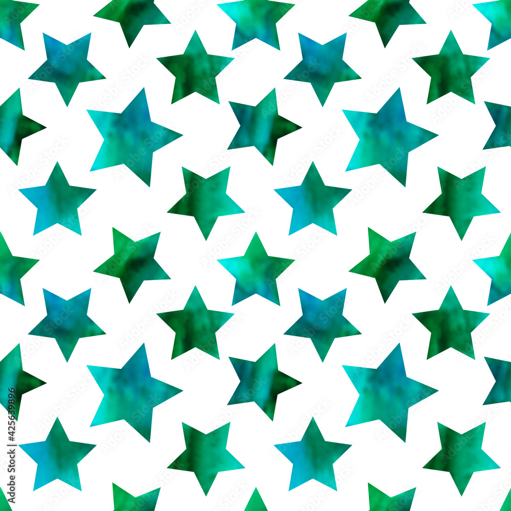 Obraz premium Stars watercolor blue green on white seamless pattern