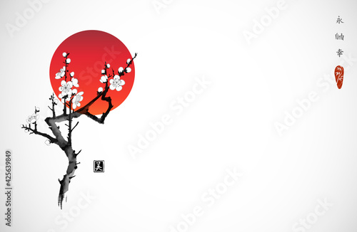 Blossoming branch of oriental sakura cherry and big red sun, symbol of Japan. Traditional Japanese ink wash painting sumi-e. Hieroglyph - Hieroglyphs - eternity, freedom, happiness, beauty