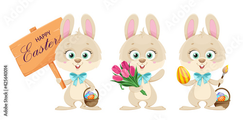 Happy Easter. Cute bunny, set of three poses.