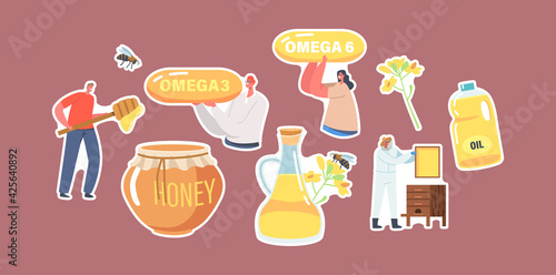 Set of Stickers Rapeseed Canola Oil and Honey Theme. Characters with Omega Capsules, Glass Jug and Jar with Products