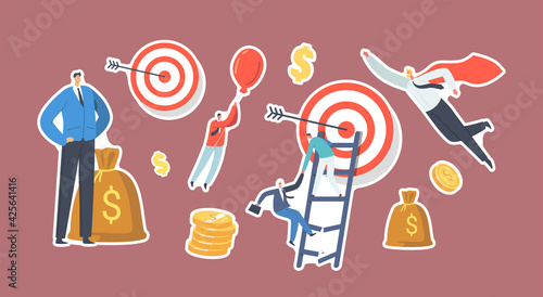 Set of Stickers Business Characters Overcome Obstacles Theme. Businessman Climbing Broken Ladder to Reach Target
