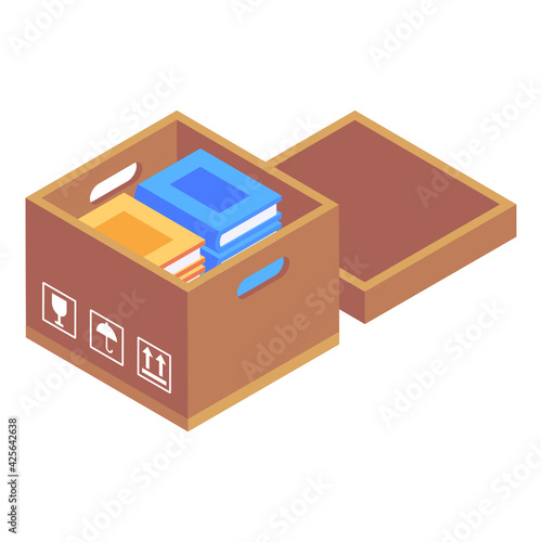 
A books carton icon in an isometric vector 

