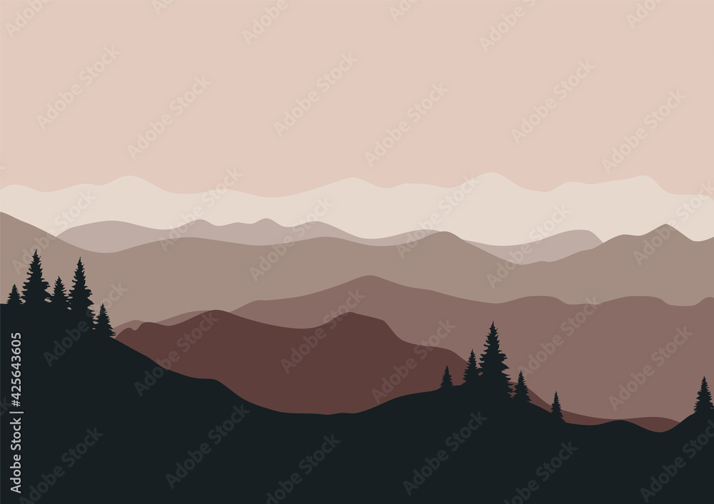 Horizontal mountain landscape with trees. Mountain wall art in abstract style. Vector home decor.