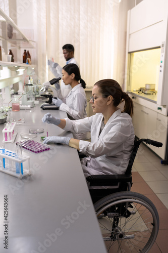 Disabled scientist sitting at the table and working with samples in test tubes with her colleagues in the background