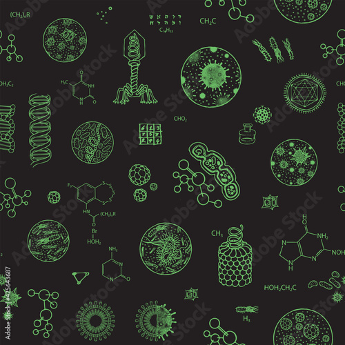 Seamless pattern with various hand-drawn viruses, microbes, bacteria. Vector abstract background with green drawings and sketches on a black backdrop. Suitable for wallpaper wrapping paper, fabric