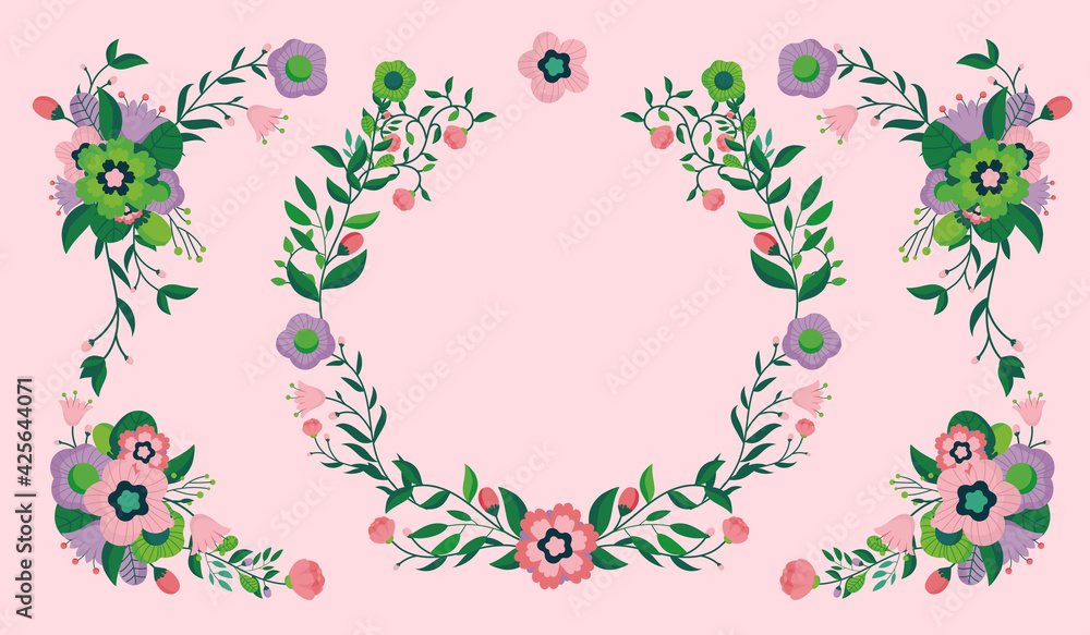 Pink floral frame backgrounds - Flowers and wreath decorative elements. Vector illustration.