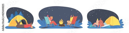 Characters Spend Night Outdoor in Camping, Active Sparetime Concept. People Spending Time Open Air in Tent at Campfire