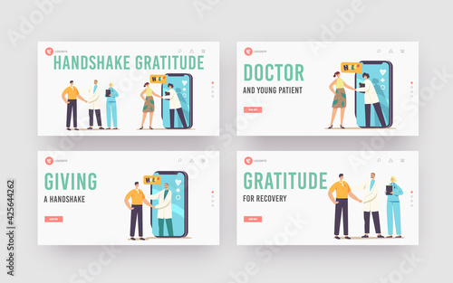 Patient Gratitude Doctors with Shaking Hand Landing Page Template Set. Medicine Consultation, Smart Medical Technologies