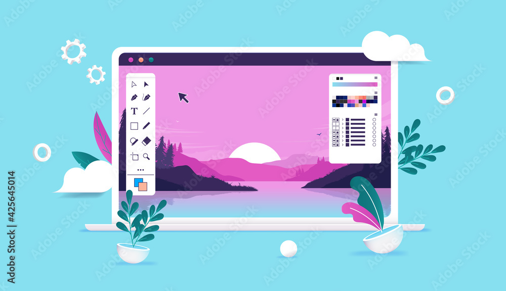 Photo editing illustration - Computer with photo software, nature image and user interface and tool bars. Vector illustration.
