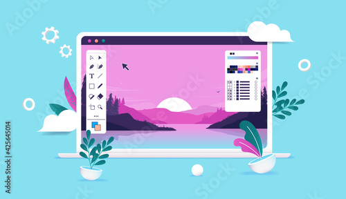 Photo editing illustration - Computer with photo software, nature image and user interface and tool bars. Vector illustration.