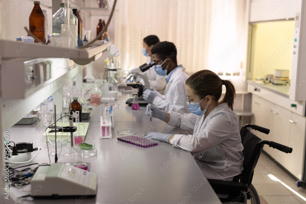 Group of scientists working at the table with microscope and examining samples in the lab Group of scientists working at the table with microscope and examining samples in the lab