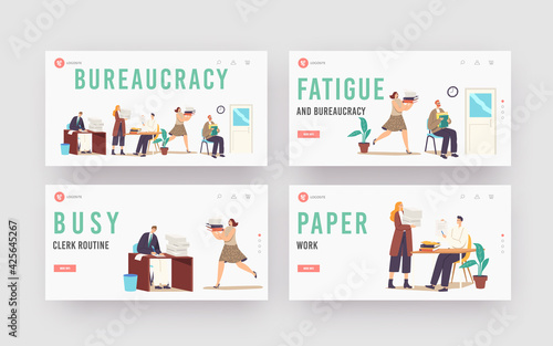 Bureaucracy, Busy Office People, Employees Deadline Rush. Landing Page Template Set. Characters Carry Documentation Pile © Sergii Pavlovskyi