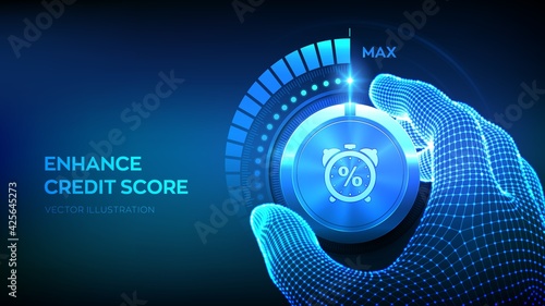 Credit score knob button. Increasing credit or mortgage loans rating business concept. Wireframe hand turning a credit level knob to the maximum position. Vector illustration.