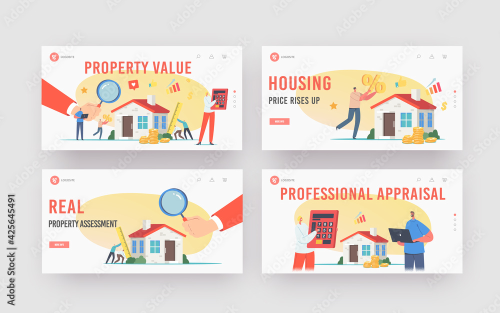 Real Property Value, Assessment Landing Page Template Set. Appraisers Characters House Inspection. Real Estate Valuation