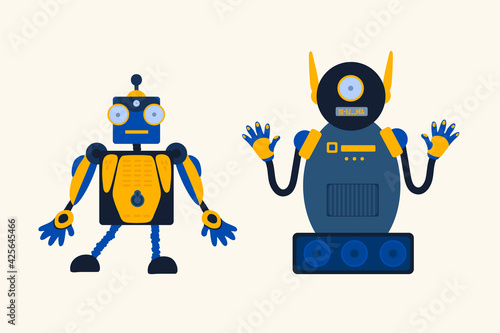 Set of Robots toys. Robotics toys mechanisms. Children's toy for boys. Cartoon character for a children's poster. Vector illustration
