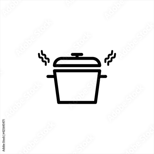 pan, saucepan, pot, casserole, cooker, stewpan with boiling water and closed pan lid vector isolated Cooking icon. Steaming pot linear icon
