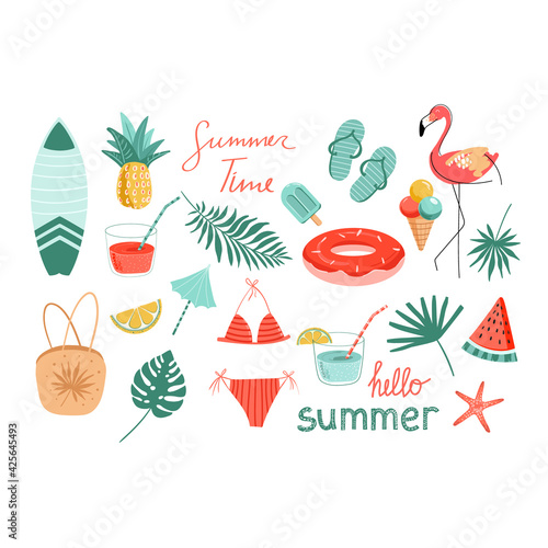Vector set of hand-drawn summer and beach objects. Flip flops, flamingo, ice-cream, refresh drink, swimsuit, umbrella, pineapple, watermelon, starfish, palms leaves, monstera leaf, sun, beach bag