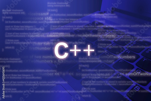 c++ programing language .  laptop and word c++ with codes
