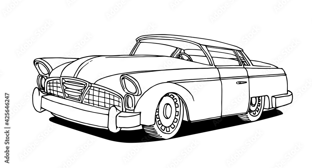 old American retro car of the 50s-60s with chrome details, vector illustration with black ink contour lines isolated on a white background in a cartoon and hand drawn style
