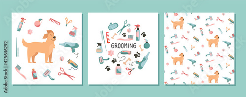 Set with design elements for animal grooming. Pet haircut in cartoon style. Golden Retriever and grooming products, shampoos, wire cutters, combs, scissors. Vector. Seamless pattern and cards