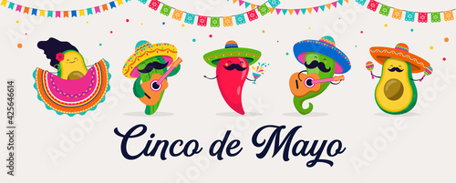 Cinco de Mayo - May 5, federal holiday in Mexico. Fun, cute characters as chilli pepper, avocado, cactus playing guitar, dancing and drinking tequila. 