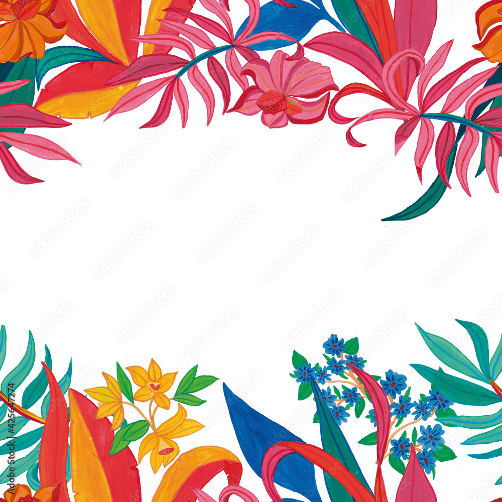 Floral Border hand painted in gouache and watercolor bold artsy style