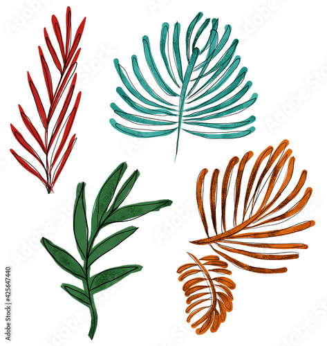 Photography set of hand painting digital foliage leaves in waterclor bold artsy style