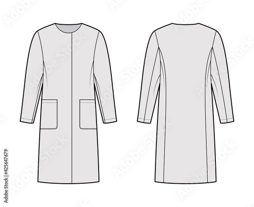 Straight coat technical fashion illustration with long sleeves, oversized body, knee length, patch pockets, hide closure. Flat jacket template front, back, grey color. Women, men unisex top CAD mockup