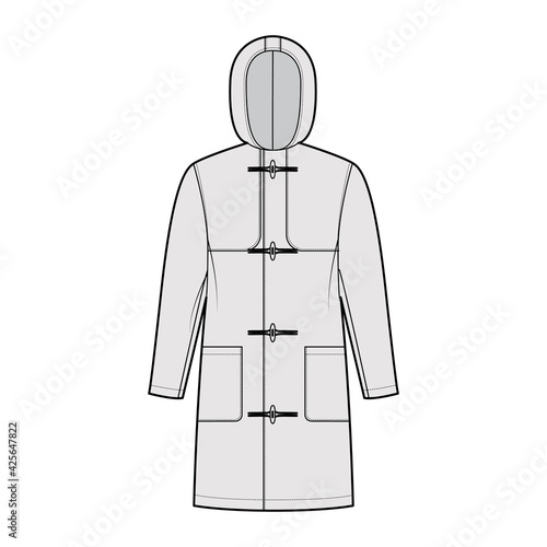Duffle coat technical fashion illustration with hood, long sleeves, oversized body, knee length, patch pockets, toggle. Flat jacket template front, grey color style. Women, men, unisex top CAD mockup