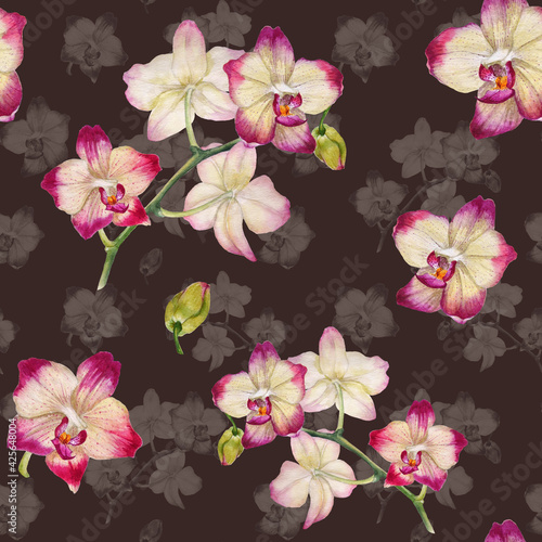 Seamless bright tropical pattern with watercolor orchid flowers
