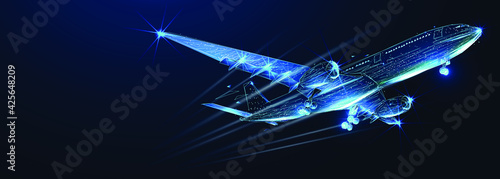 Digital 3d airplane. Abstract vector wireframe of airliner in the blue background. Travel, tourism, business, transportation concept. Low poly dark blue mesh with dots, lines and glowing stars
