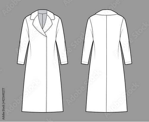 Clutch coat technical fashion illustration with long sleeves, half clover lapel collar, oversized body, knee length. Flat jacket template front, back, white color style. Women, men, unisex CAD mockup