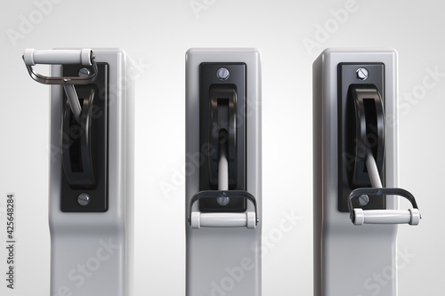 Group of industrial high voltage automatic circuit breakers.