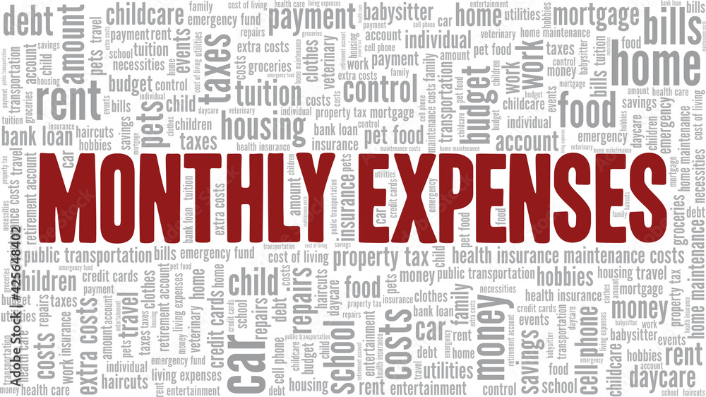 Monthly expenses vector illustration word cloud isolated on a white background.
