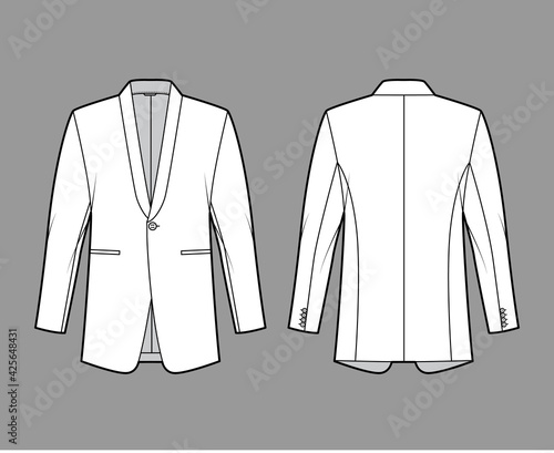 Dinner jacket tuxedo suit technical fashion illustration with long sleeves, shawl lapel collar, welt pockets, regular front cut. Flat coat template back, white color. Women, men, unisex top CAD mockup