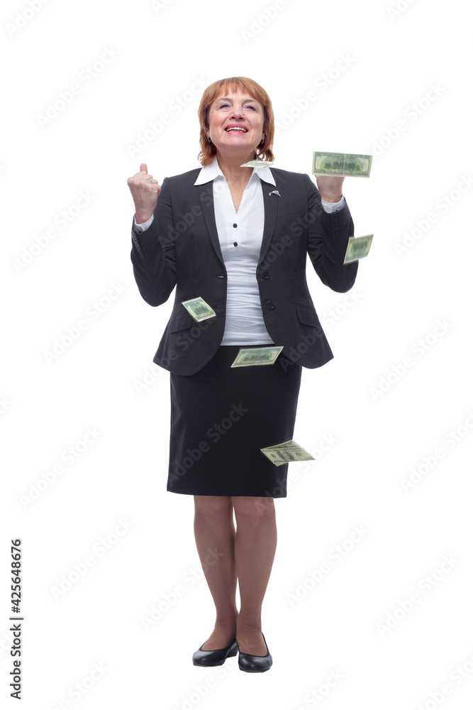 Excited Business woman happy look up forward under a money rain - isolated over a white background Excited Business woman happy look up forward under a money rain - isolated over a white background