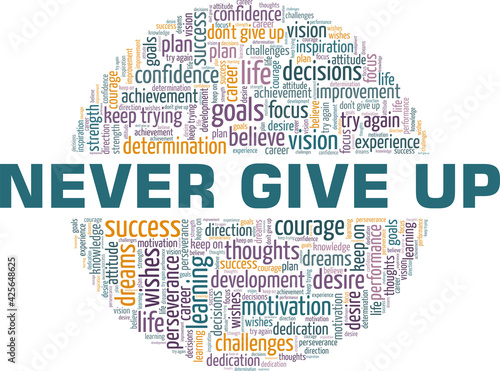 Never give up vector illustration word cloud isolated on a white background.