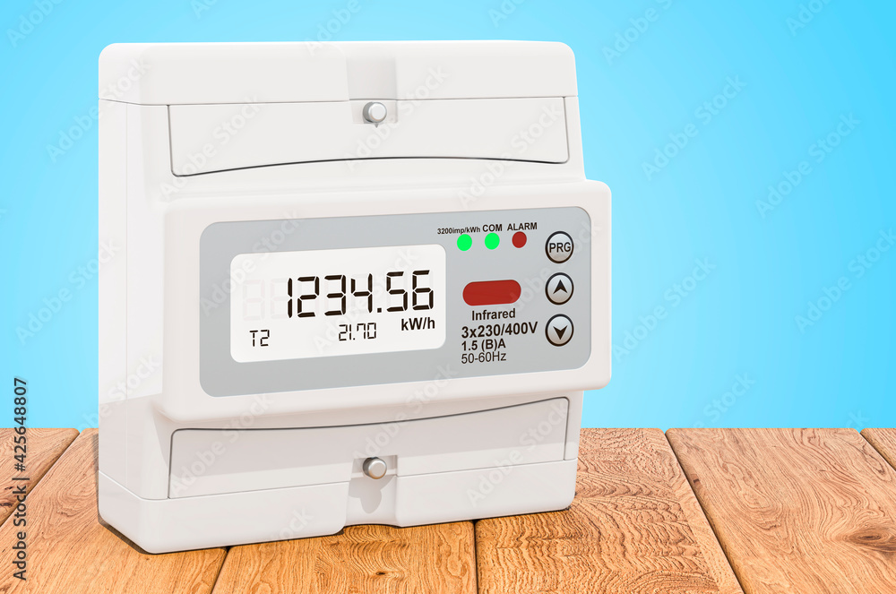 Modern electric meter on the wooden planks, 3D rendering Modern electric meter on the wooden planks, 3D rendering