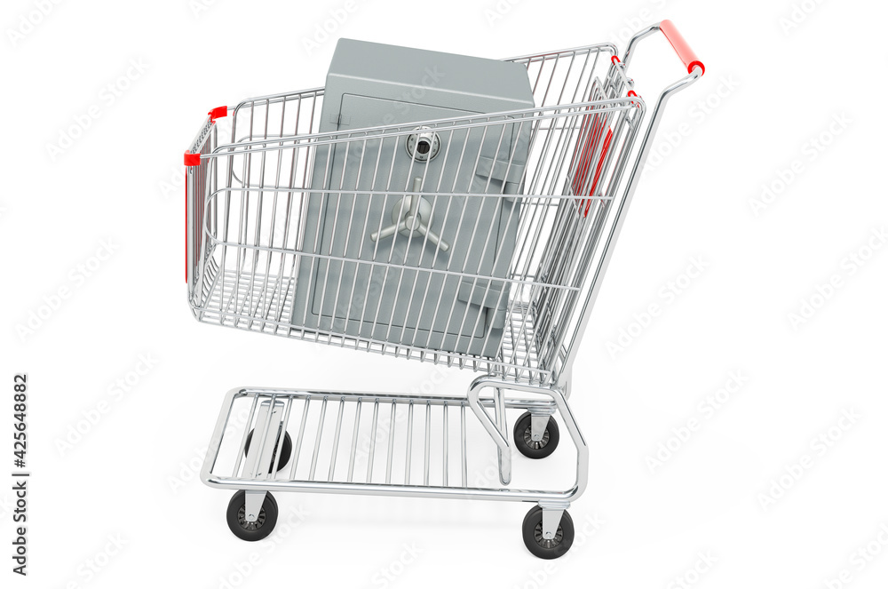 Shopping cart with safe box with combination lock, 3D rendering Shopping cart with safe box with combination lock, 3D rendering