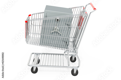 Shopping cart with safe box with combination lock, 3D rendering
