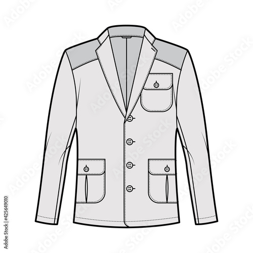 Hunting Shooting jacket technical fashion illustration with long sleeves, notched collar, Trim, Shoulder Elbow Patch. Flat coat front, back, white, grey color style. Women men unisex Blazer CAD mockup