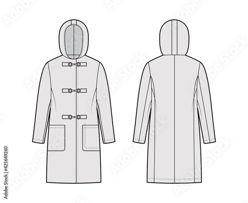 Clasp coat technical fashion illustration with long sleeves, hood, oversized body, patch pockets, knee length. Flat jacket template front, back, grey color style. Women, men, unisex top CAD mockup