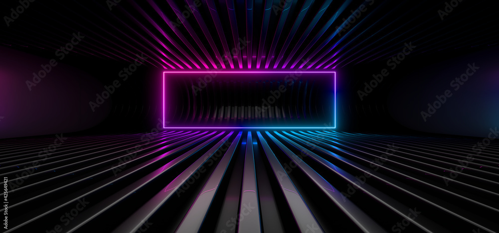Sci Fy neon lamps in a dark tunnel. Reflections on the floor and walls. 3d rendering image. Sci Fy neon lamps in a dark tunnel. Reflections on the floor and walls. 3d rendering image.