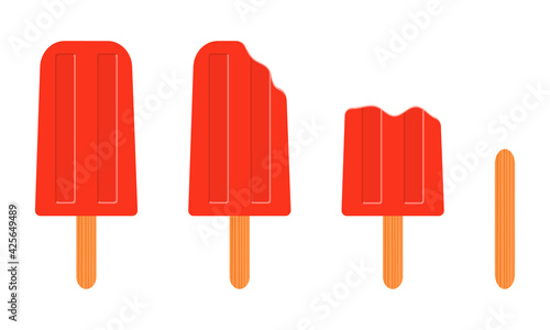 Popsicle whole and bitten, empty ice cream stick isolated on white background. Sweet frozen summer dessert. Vector cartoon illustration.