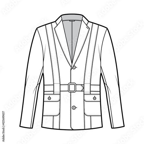 Norfolk jacket technical fashion illustration with belt, oversized, long sleeves, notched collar, button opening. Flat coat template front, white color style. Women, men, unisex top CAD mockup