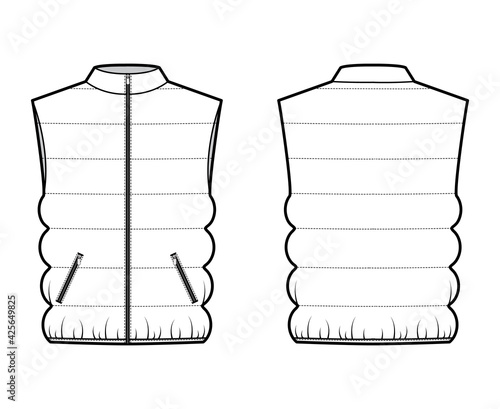 Down vest puffer waistcoat technical fashion illustration with sleeveless, stand collar, zip-up closure, pockets, oversized. Flat template front, back, white color style. Women, unisex top CAD mockup