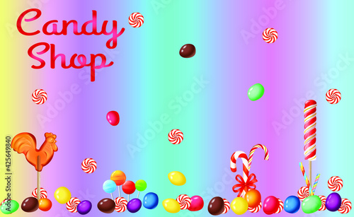 Different types of lollipops and colorful caramel on a rainbow background. A postcard or tag for a pastry shop.