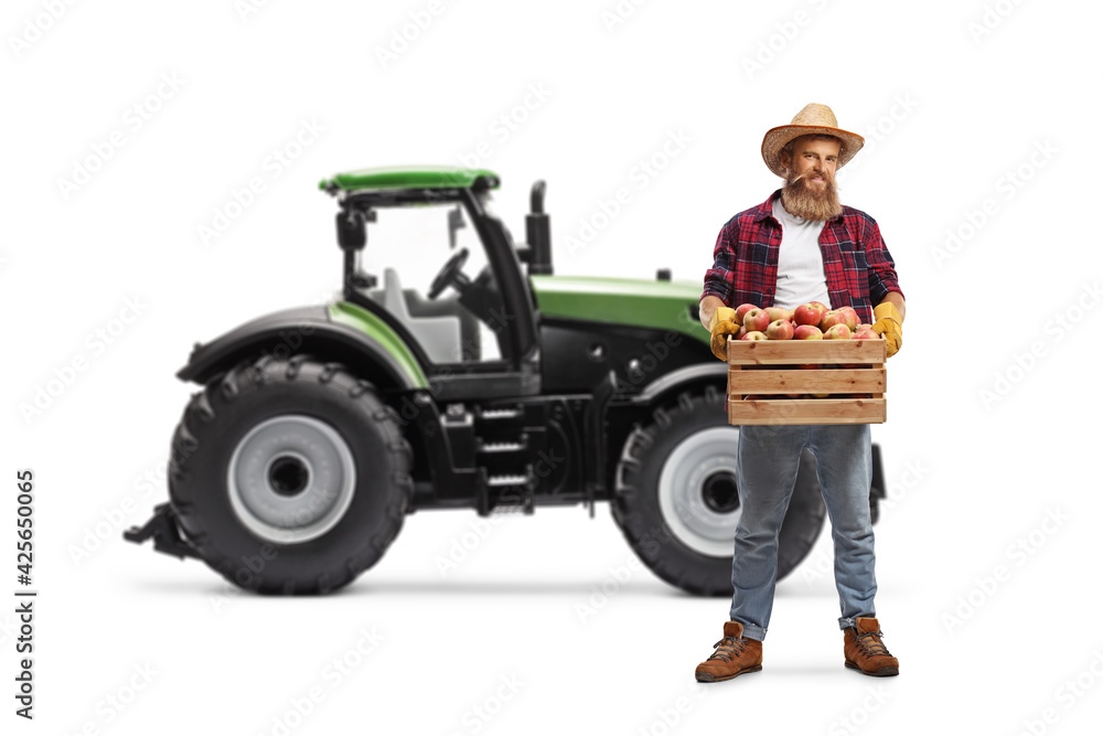 Fototapeta premium Full length portrait of a farmer with a crate full of fresh apples standing in front of a tractor