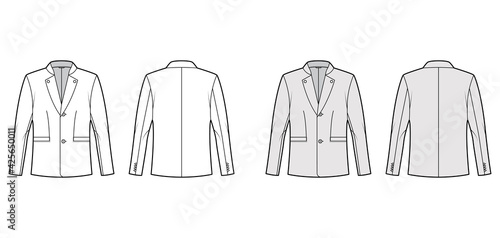 Tyrolean jacket tuxedo technical fashion illustration with long sleeves, stand lapel collar, welt pockets. Flat Austrian coat template front, back, white, grey color style. Women, men top CAD mockup